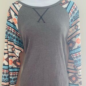 Aztec Gray Top with Colorful Patterned Sleeves